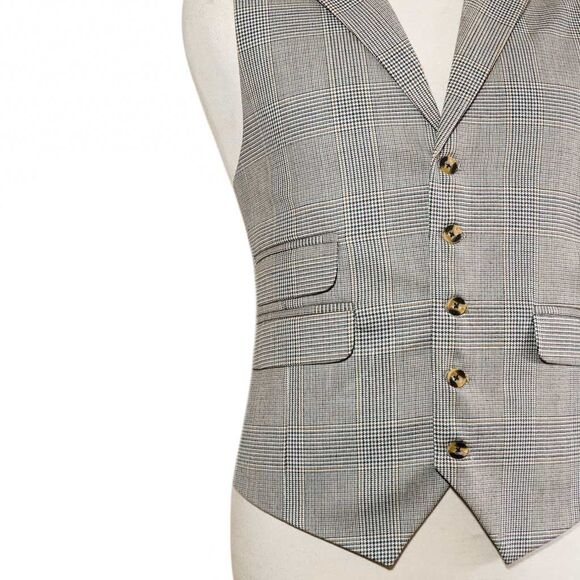 Mens 46R Wool Glen Plaid Vest Beige Green Waistcoat Formal Wedding Party Classic - Picture 6 of 8